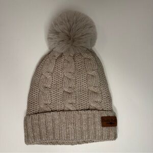 Britts Knits Cozy Classics Pom Hat Beige Cable Knit Beanie Fleece Lined NEW